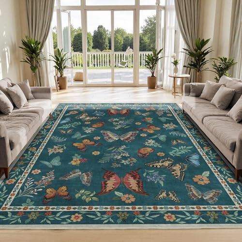 Insect Floral Area Rug, Machine Washable Area Rug Non-Slip Low Pile Large Bedroom Rug Stain Resistant Throw Rug Carpet