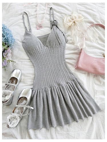 Women's 3D Floral Ruffle Mini Dress Cable Knit Spaghetti Strap Cami Dresses