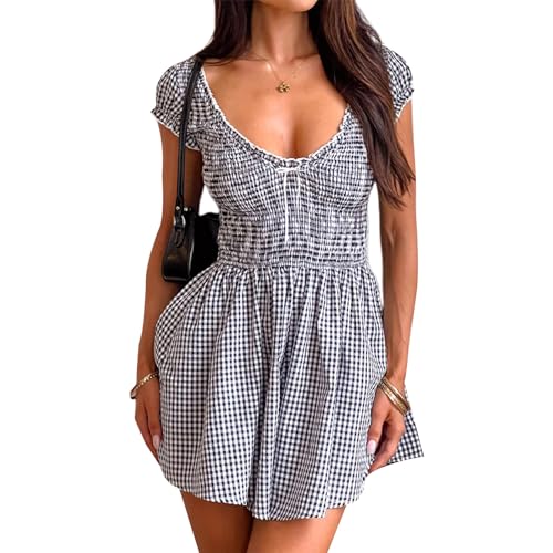 Women's Gingham Mini Dress Short Sleeve Bow Deep V Neck Smocked Waist Slim Fit Retro Plaid Dresses Y2k Sundress