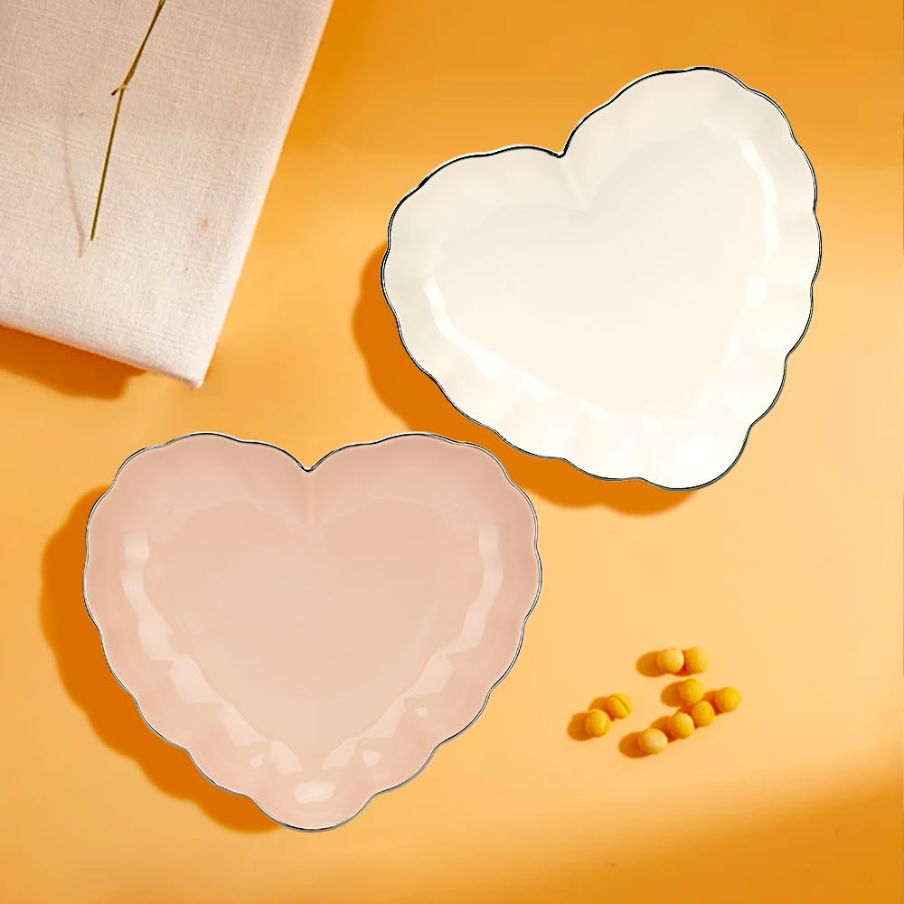 Porcelain Serving Dish, Heart Shape Candy Bowls, Ceramics Flower Relish Tray with Metallic Rim