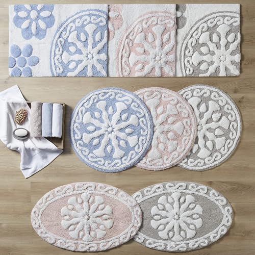 Medallion Floral Pattern Bath Mat 100% Cotton Tufted Bathroom Rugs Luxurious Plush Absorbent, Quick Dry