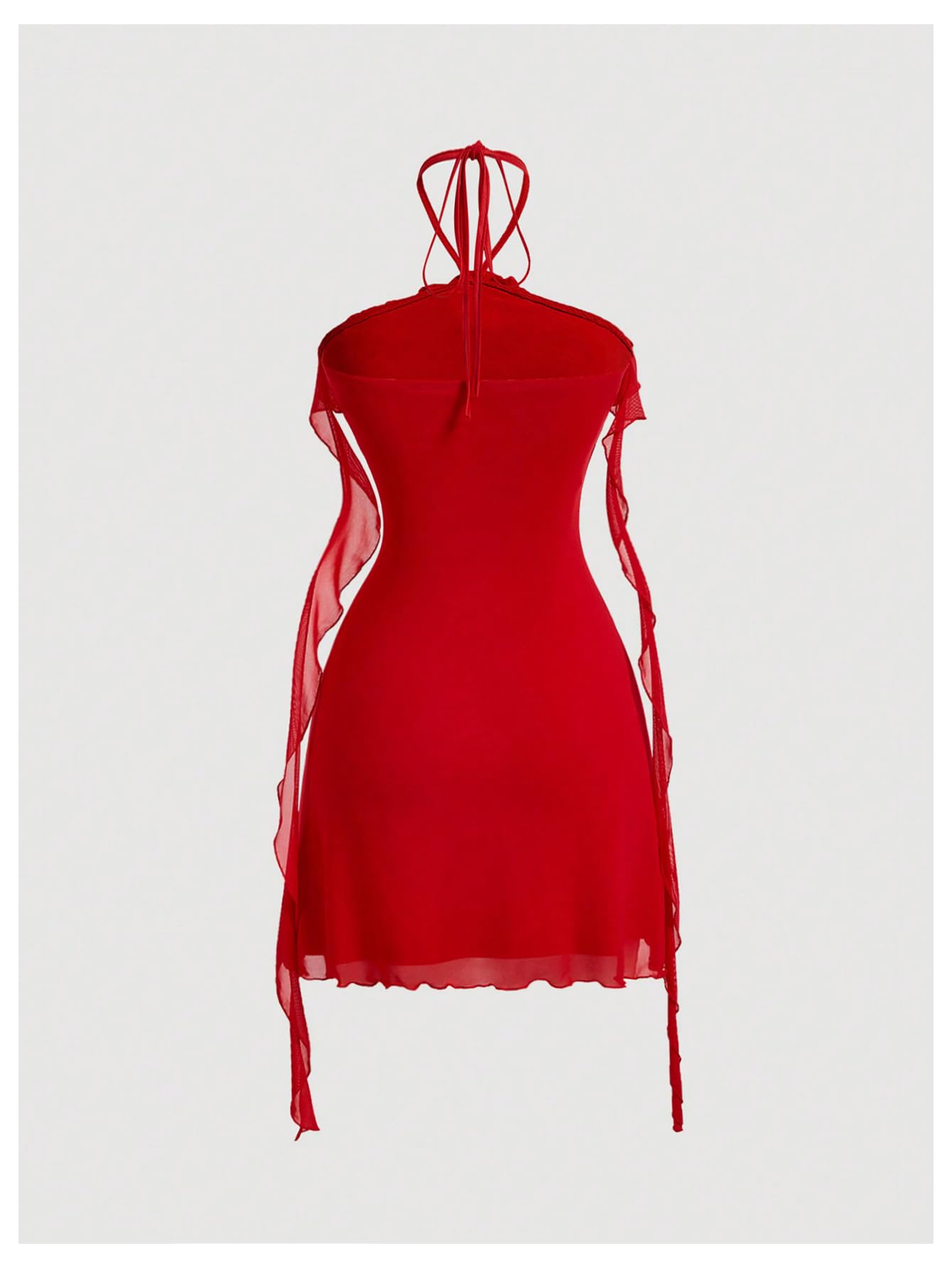 Women's Floral Mesh Halter Bodycon Mini Dress Ruffle Tassel Open Back Tube Dress