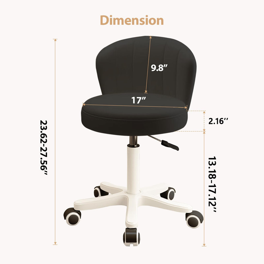 Small Desk Chair Round Rolling Chair with Back PU Leather Height Adjustable Swivel Vanity Work Computer Stool Chair