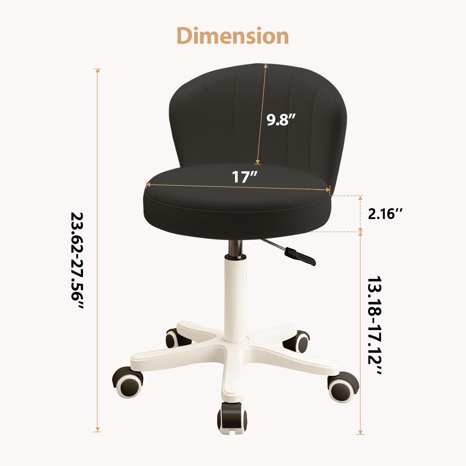Small Desk Chair Round Rolling Chair with Back PU Leather Height Adjustable Swivel Vanity Work Computer Stool Chair
