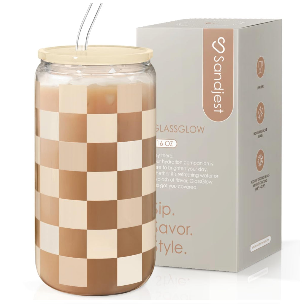 Glass Cup with Lid & Straw, Iced Coffee Aesthetic Glass Can, 16oz