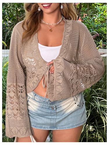 Women's Plus Size V Neck Long Flounce Sleeve Tie Front Knit Crop Cardigan