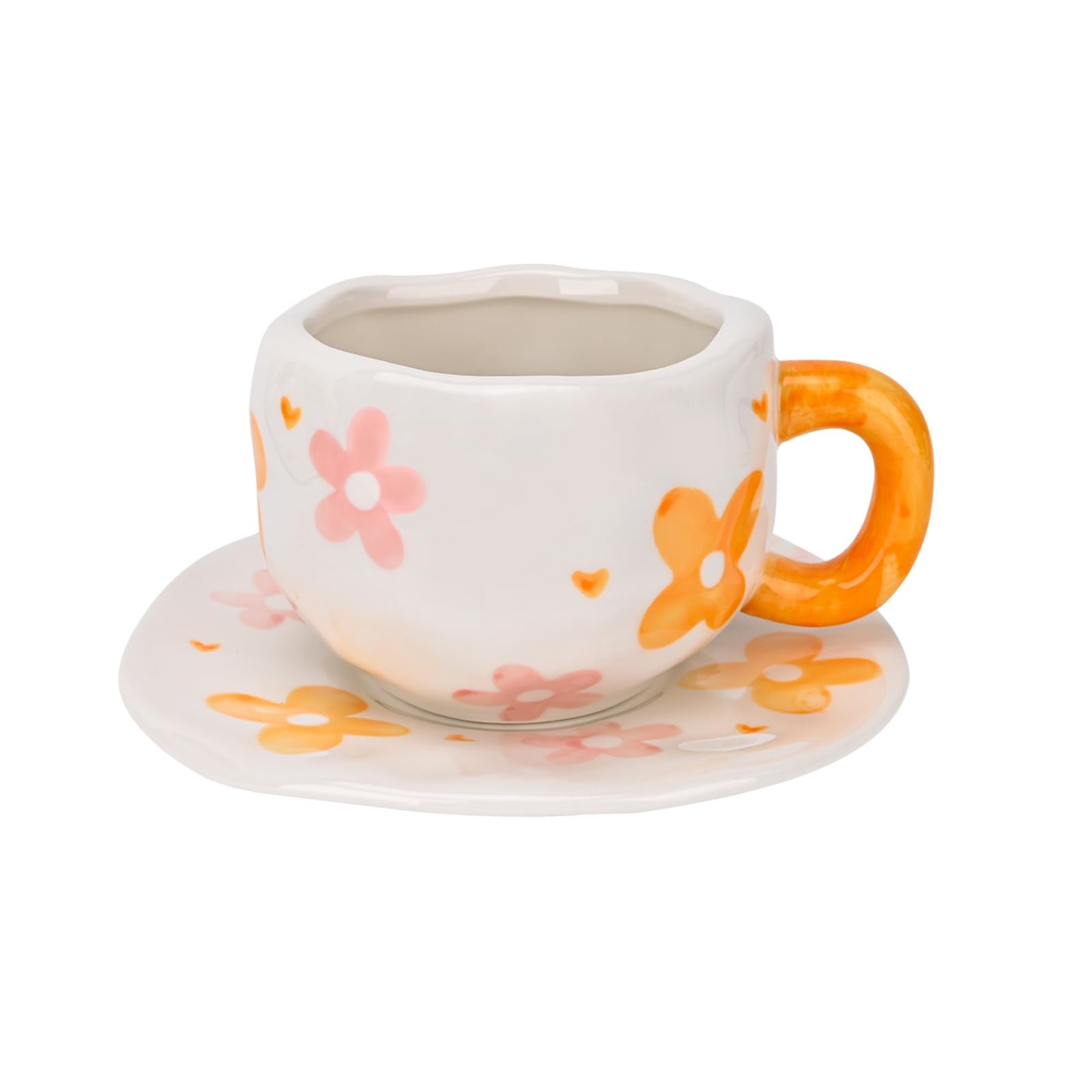 Ceramic Coffee Mug with Saucer Set, Cute Creative Cup Unique Irregular Design, 10 oz/300 ml