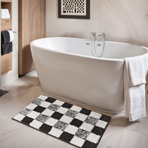 Checkered Bathroom Rugs, Fluffy Rug, Absorbent Microfiber Ultra Soft Bath Mat Washable, Non-Slip Bath Mats for Bathroom, Cute Floor Mat