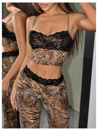 Women's 2 Piece Set Leopard Print Lace Cami Top Flare Pants Outfits