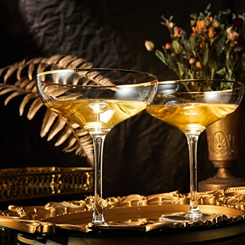 Colored Sunset Rim Coupe Glass, 9oz Cocktail & Champagne Glasses 2-Set Vibrant Color Gold Vintage Tumblers, Margarita, Glassware