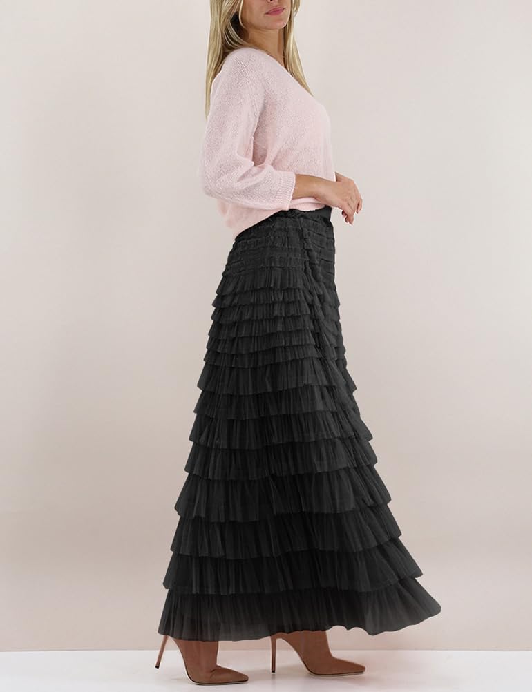 Long Tulle Skirt for Women Trendy High Waisted A Line Fluffy Fairy Mesh Layered Ruffle Skirt