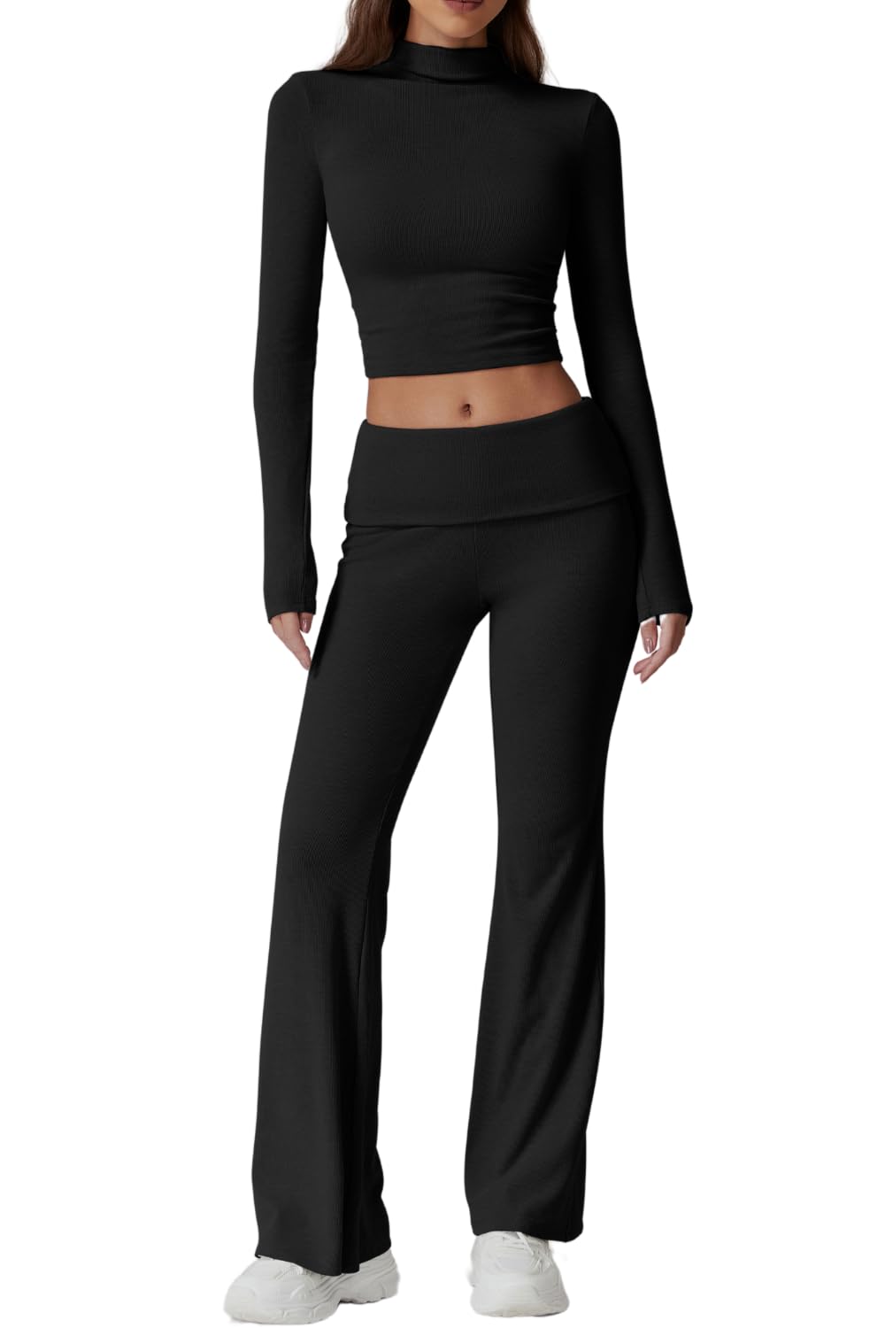 Womens 2 Piece Lounge Sets Mock Neck Long Sleeve Tops with Side Ruched Fold Over Flare Pants Comfy Tracksuits