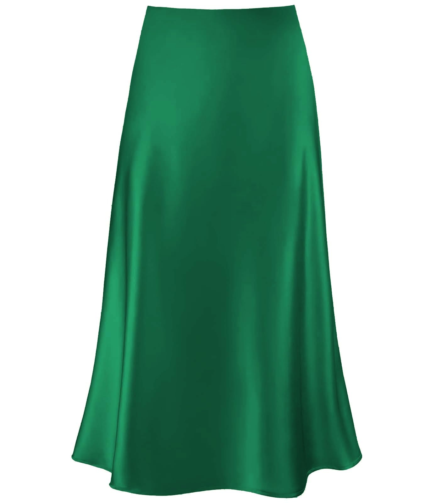 Women's Satin High Waist Hidden Elasticized Waistband Flared Casual A Line Midi Skirt