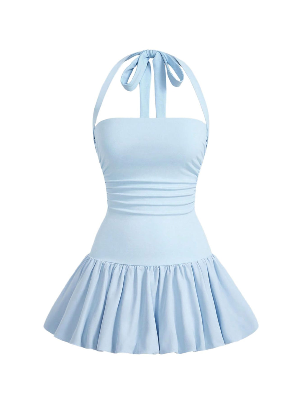 Women's Bubble Mini Dress Halter Backless Ruched Y2K Short Sundress with Built-in Shorts