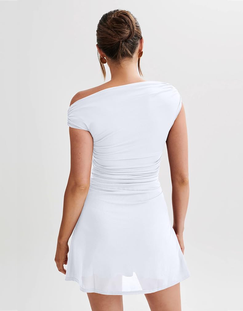 Women's Off Shoulder Trendy Ruched Stretch Bodycon Cocktail Party Flare Mini Dress