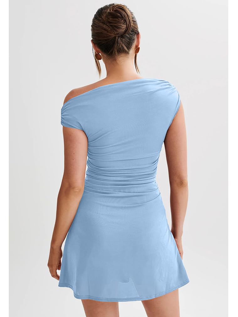 Women's Off Shoulder Trendy Ruched Stretch Bodycon Cocktail Party Flare Mini Dress