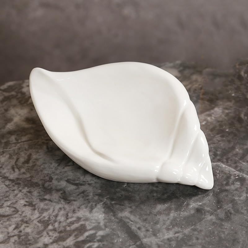 Sea-Shell Soap Holder, Ceramic Soap Tray with Self Draining, Soap Tray for Sink Washroom Bathroom Shower, Small Cute and Elegant Holder with Glaze