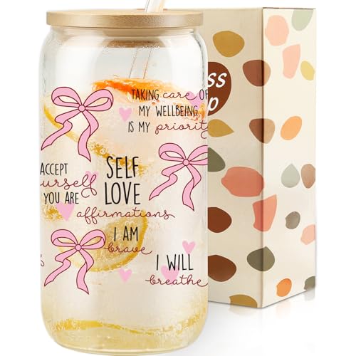 Cherry Bow Cup, Birthday Gifts for Women, Girly Gifts for Her, Sister, Mom, Colleague - 16 OZ Glass Tumbler with Straw & Lid, Coquette Iced Cup