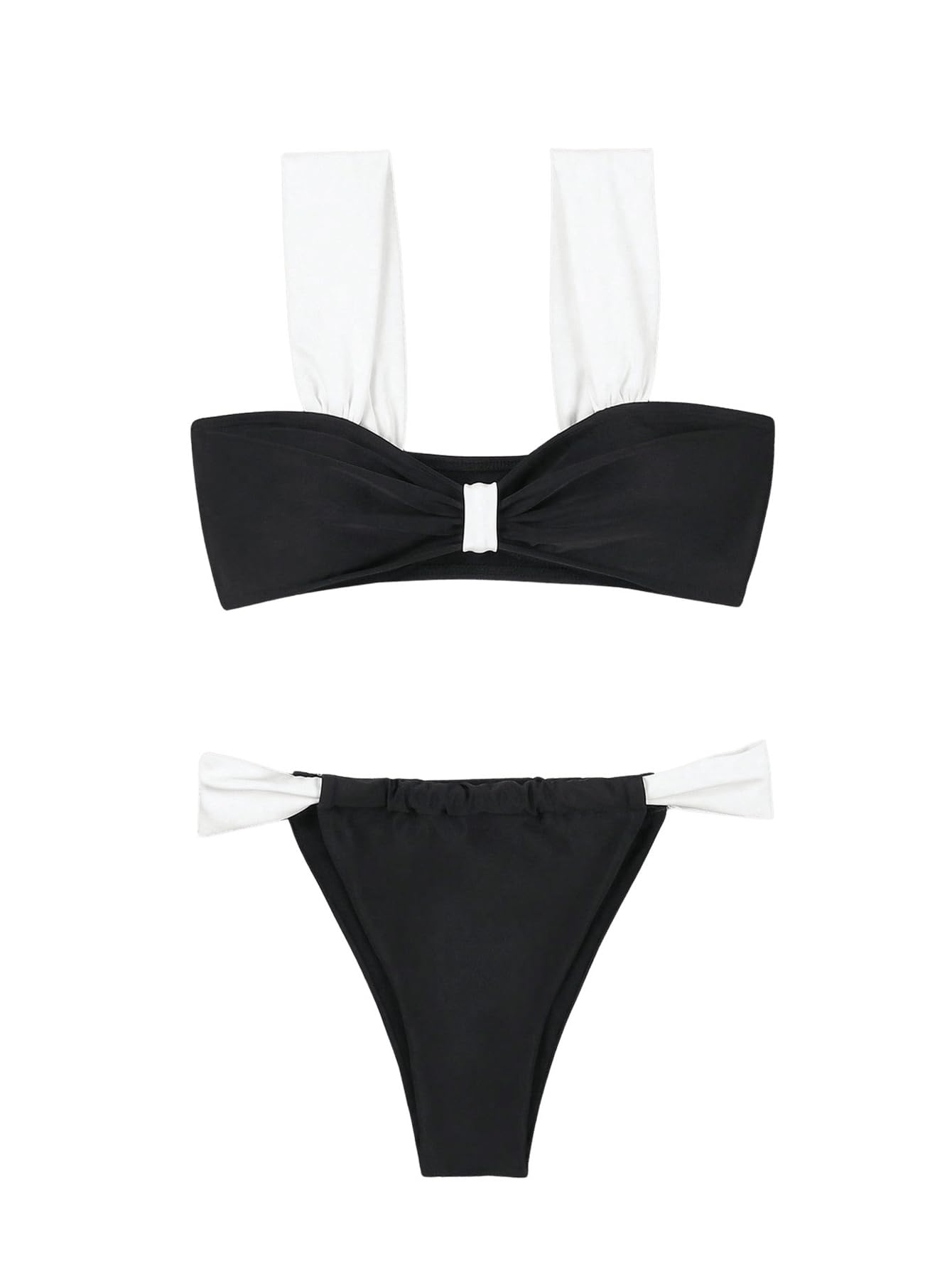 Women's Sexy 2 Piece Swimsuit Color Block Wide Strap Ruched Bikini Top and Thong Bikini Set