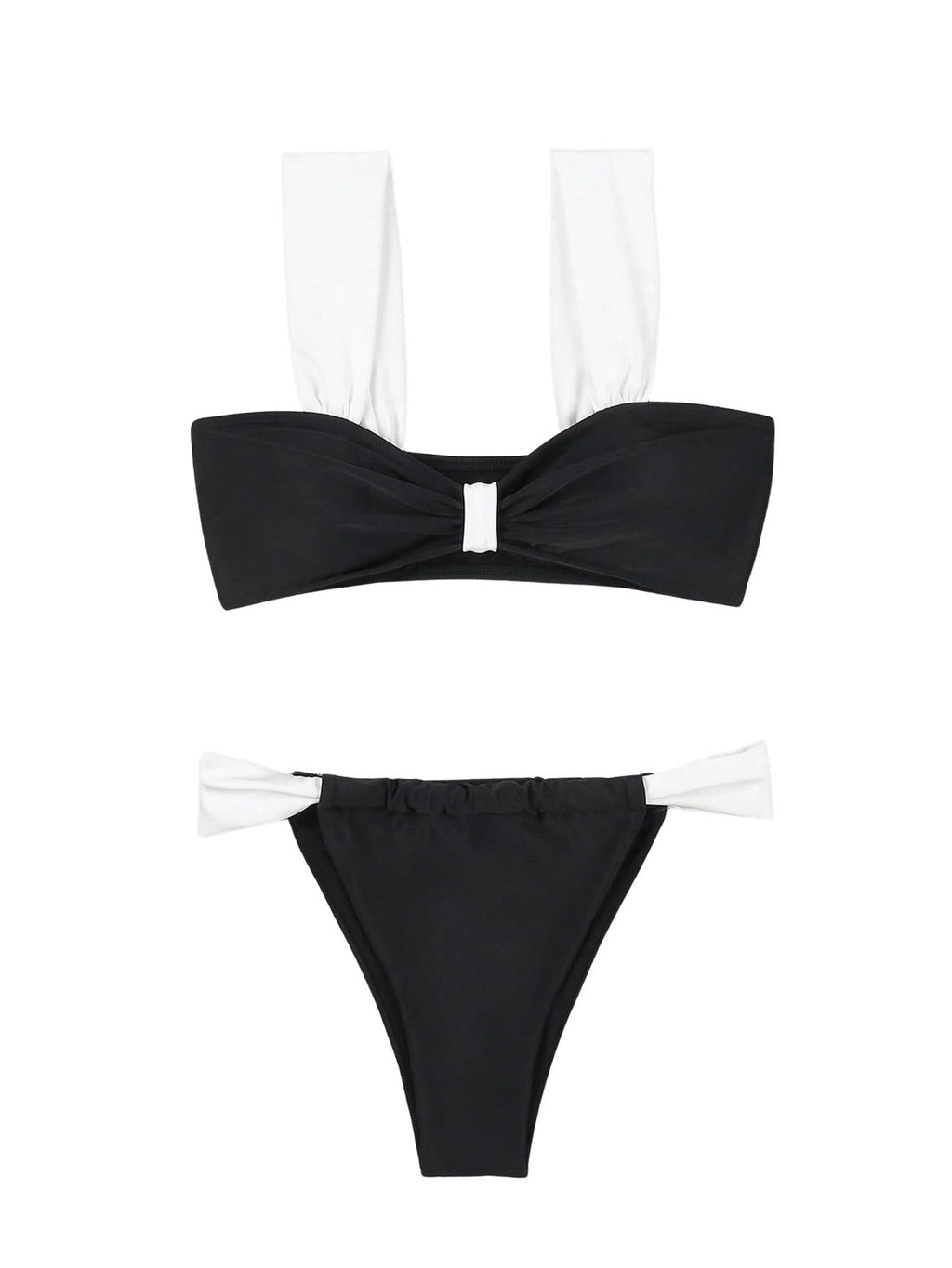 Women's Sexy 2 Piece Swimsuit Color Block Wide Strap Ruched Bikini Top and Thong Bikini Set