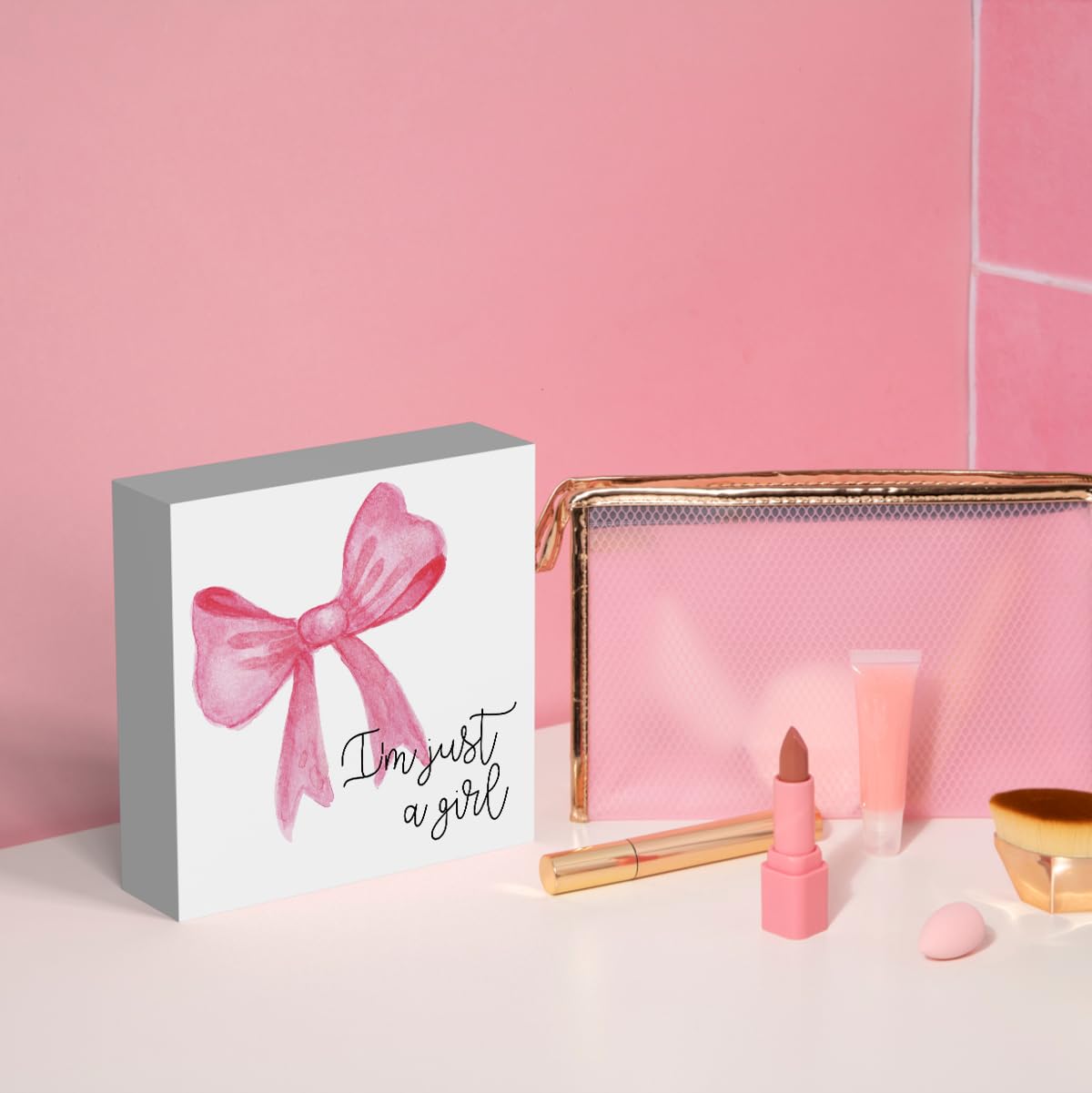 Pink Bow Coquette Room Decor - Wooden Box Sign Desk Decor