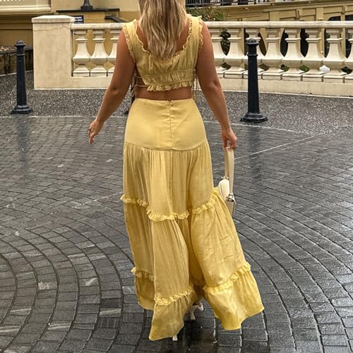 Women 2 Piece Outfits Y2k Sleeveless Lace Trim Cami Tops and Ruffle Ruched Maxi Skirt Matching Set