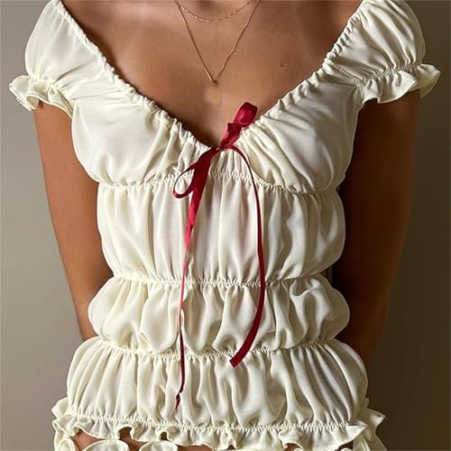Women's Sexy Ruffle 2 Piece Sets Short Sleeve Bow Tie Front Crop Tops and Smocked Ruched Shorts Loungewear