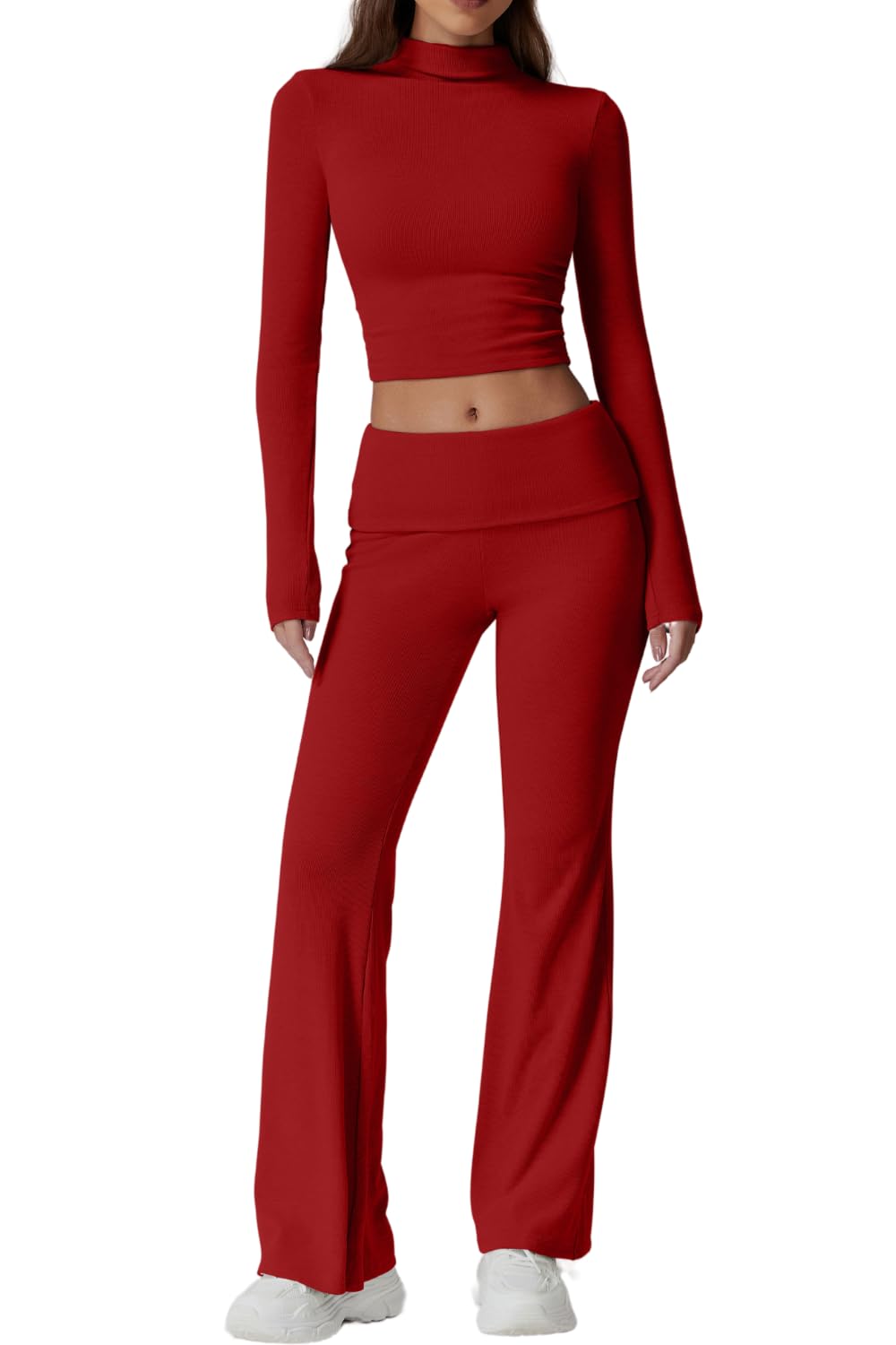 Womens 2 Piece Lounge Sets Mock Neck Long Sleeve Tops with Side Ruched Fold Over Flare Pants Comfy Tracksuits