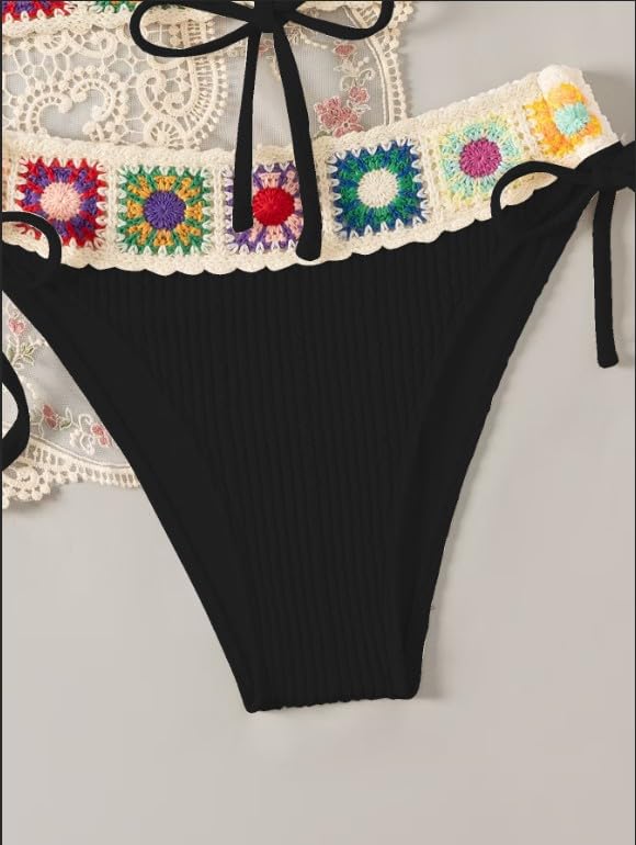 Women's Floral Embroidery Halter Padded Bikini Set Cut Out Boho Bathing Suit Swimsuit