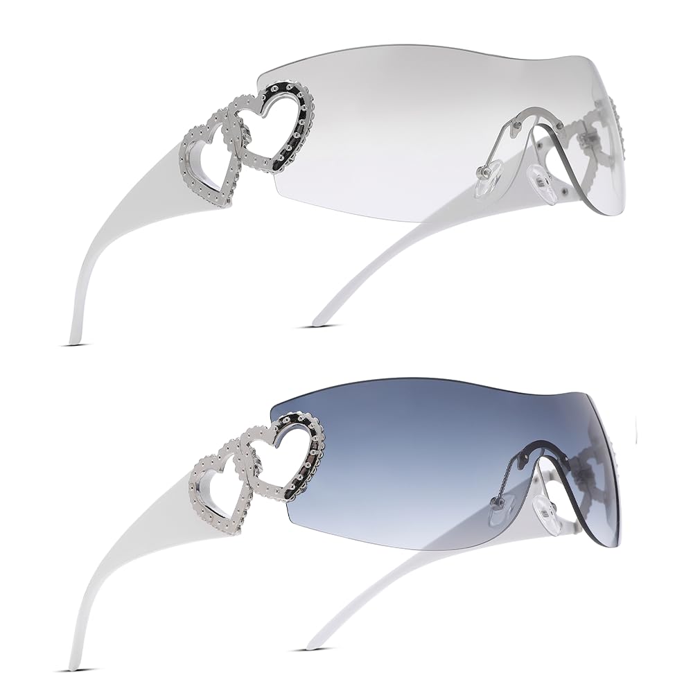 Wrap Around Heart Rhinestones Rimless Sunglasses Women Men, Oversized Fashion Futuristic Sun Glasses Cool Shade 2000S Trendy