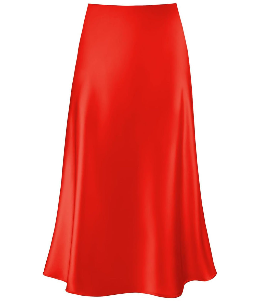 Women's Satin High Waist Hidden Elasticized Waistband Flared Casual A Line Midi Skirt