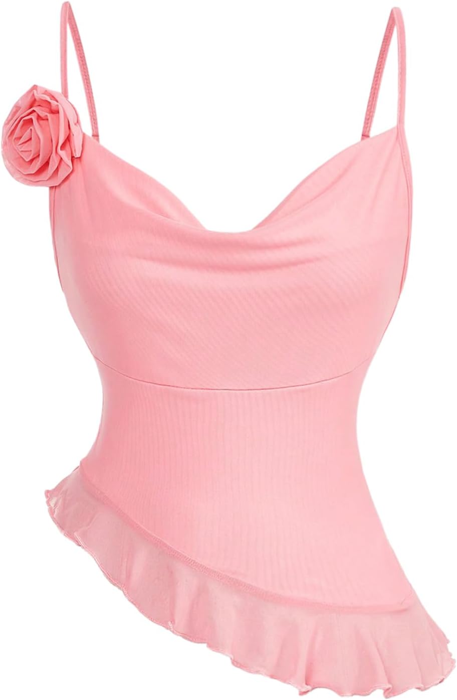 Women's 3D Floral Cowl Neck Ruched Mesh Cami Top Asymmetrical Ruffle Hem Camisole