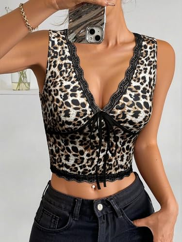 Womens Leopard Lace Trim Sexy Tank Tops Bow Tie Front Sleeveless Cheetah Print V Neck Tops Y2K Going Out Crop Top