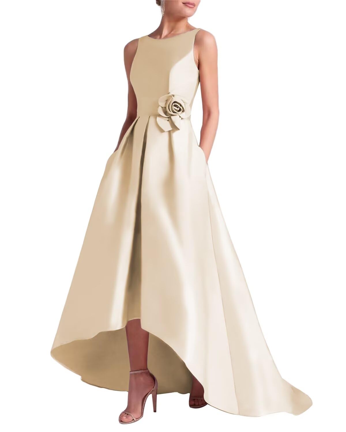 Women's 3D Flower Satin Mother of The Bride Dresses Hi-Low Formal Evening Party Gown