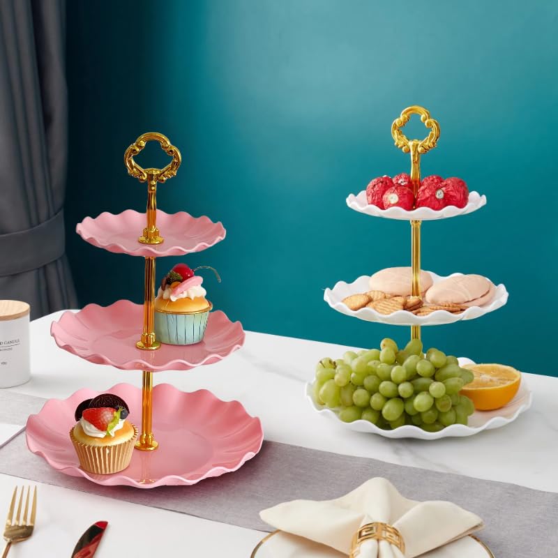 Pack 2 of 3 Tier Cupcake Stand, Small Pink Plastic Tiered Serving Stand, Dessert Tray