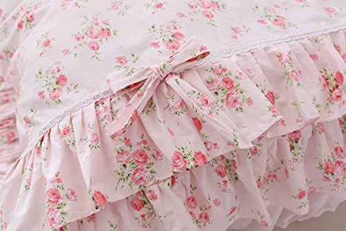 Romantic Roses Print Duvet Cover Set with Bed Skirt Pink Lace Ruffle Floral Shabby Chic Bedding Sets 4 Piece