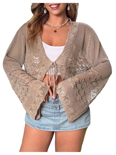 Women's Plus Size V Neck Long Flounce Sleeve Tie Front Knit Crop Cardigan
