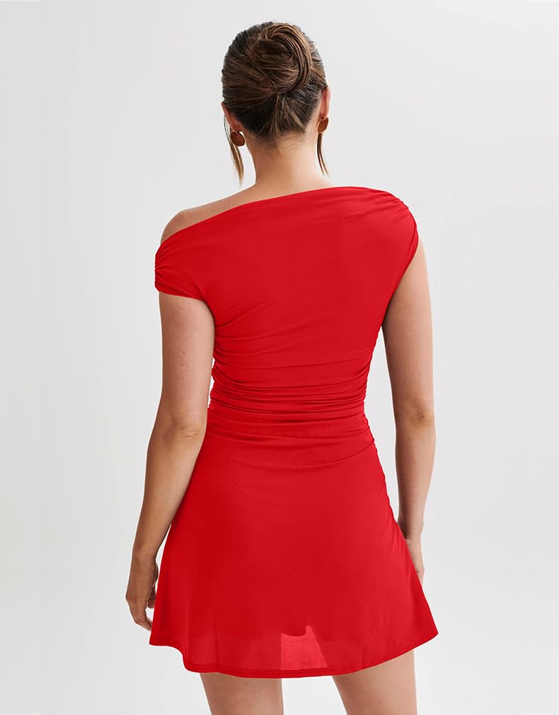 Women's Off Shoulder Trendy Ruched Stretch Bodycon Cocktail Party Flare Mini Dress