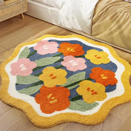 Colorful Cute Flower Bathroom Kitchen Runner Rugs - Non-Slip Machine Washable, Shaggy Orange Yellow Aesthetic Long Bath Mat Daisy Rug, Modern Boho Floral Bedside Indoor entry Rugs
