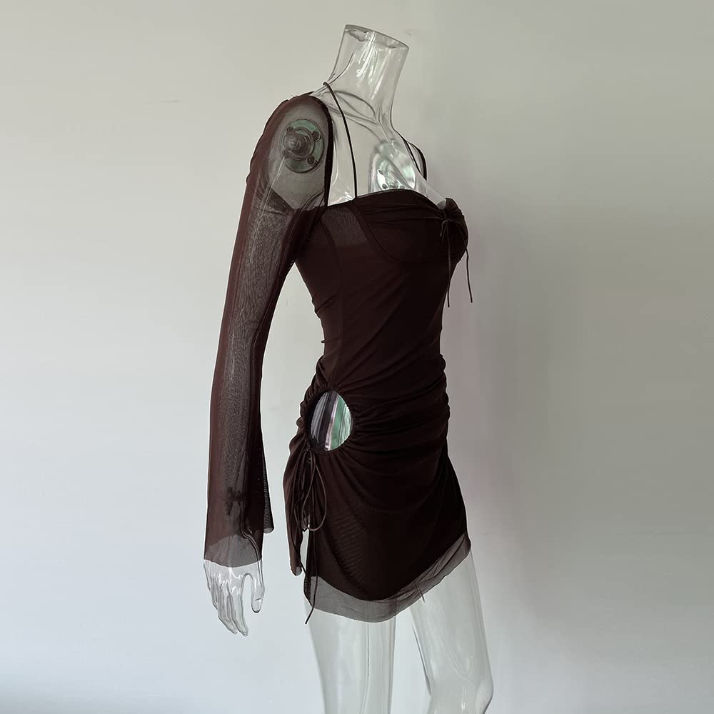 Women Long Puff Sleeve Mini Bodycon Split Hem Mesh Dress Party Dress