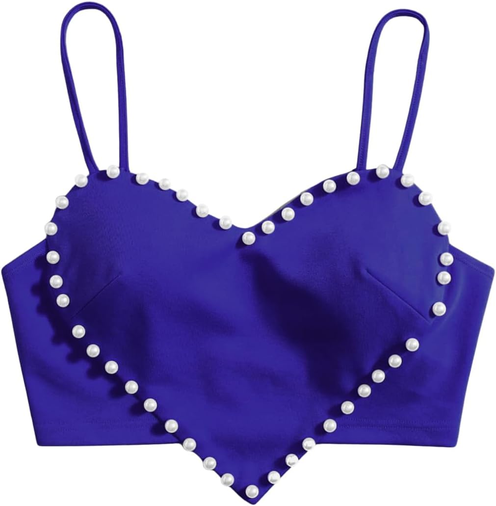 Women's Pearls Sleeveless Asymmetrical Hem Heart Crop Cami Top Sexy Camisole