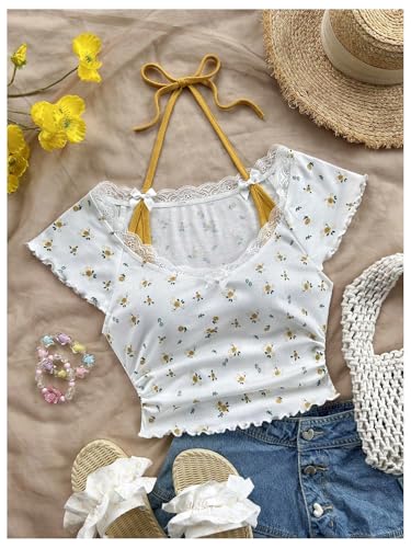 Women's Contrast Lace Halter Neck Lettuce Trim Casual Crop Tee Tops