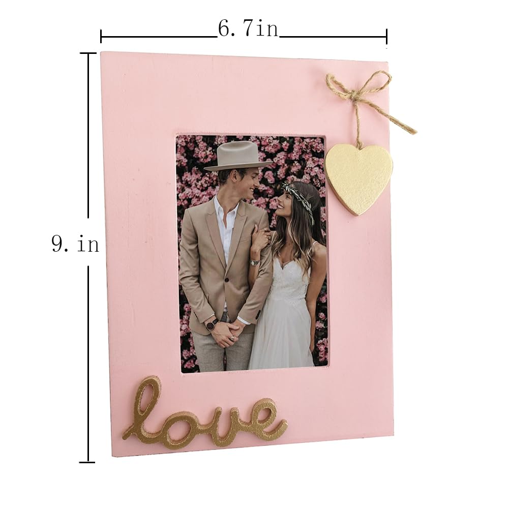 Love Picture Frame with Heart for Table Top and Wall Mounting-Distressed Wooden Photo Frame HD Glass Inside