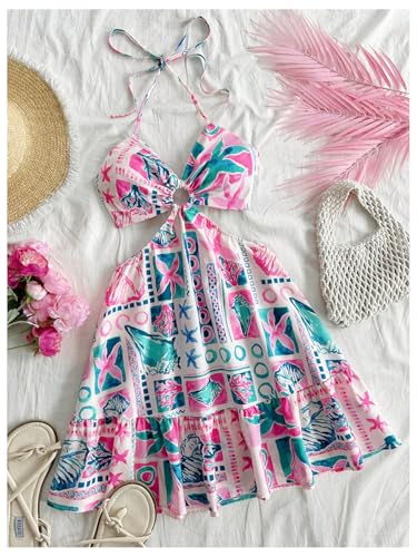 Women's Floral Halter Neck Vacation Dress Sleeveless Cut Out Boho Cami Dress