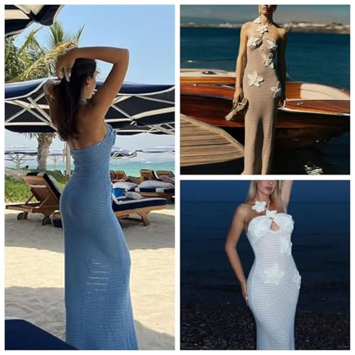 Women Halter Hollow Out Knitted Mini Dress Sexy Crochet 3D Flower Mini Dress