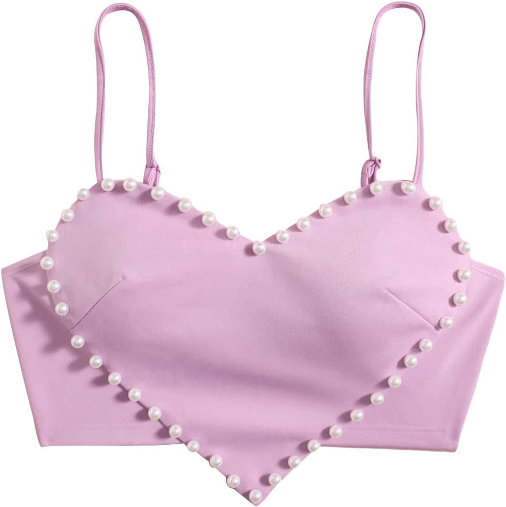 Women's Pearls Sleeveless Asymmetrical Hem Heart Crop Cami Top Sexy Camisole