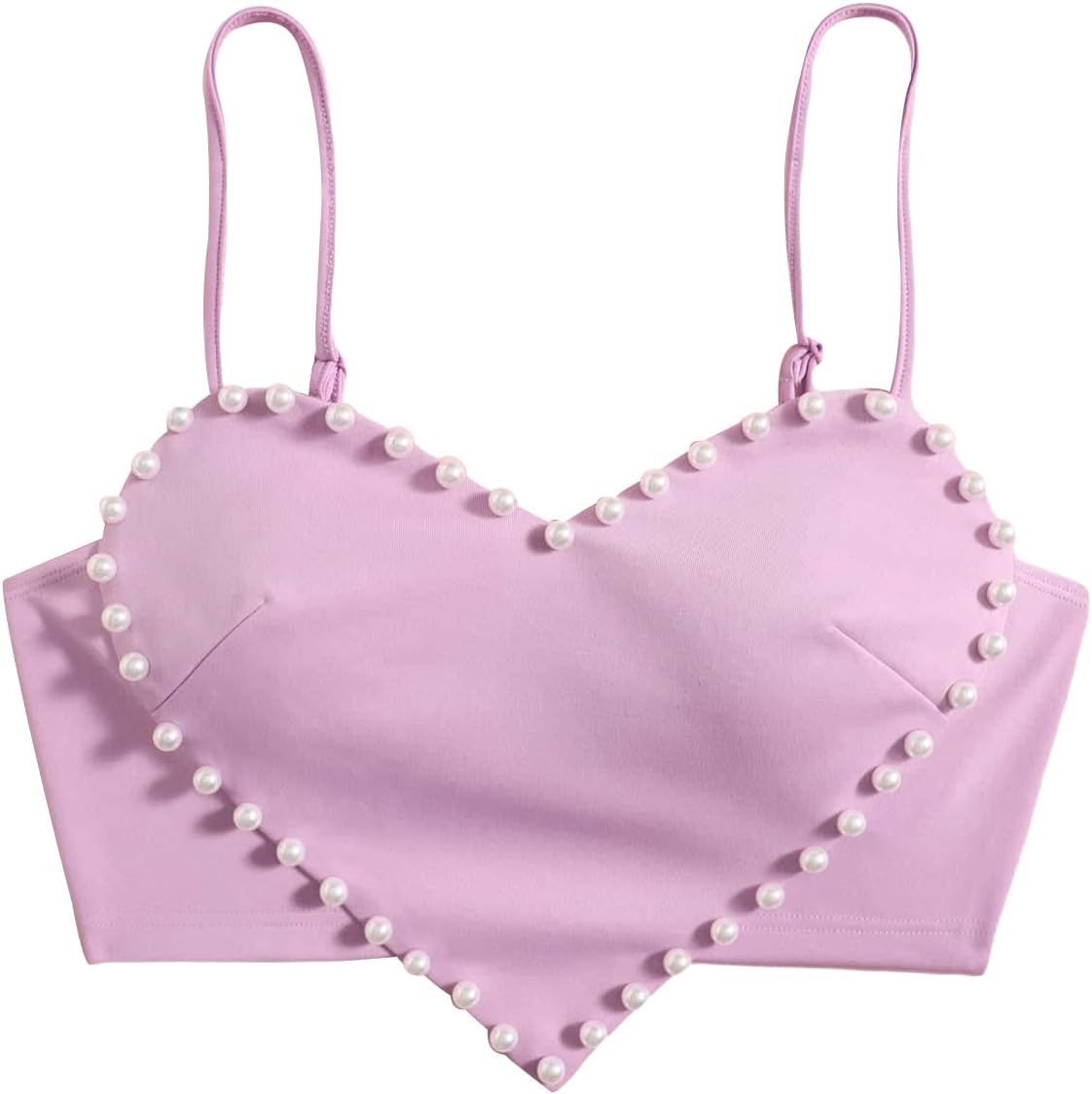 Women's Pearls Sleeveless Asymmetrical Hem Heart Crop Cami Top Sexy Camisole