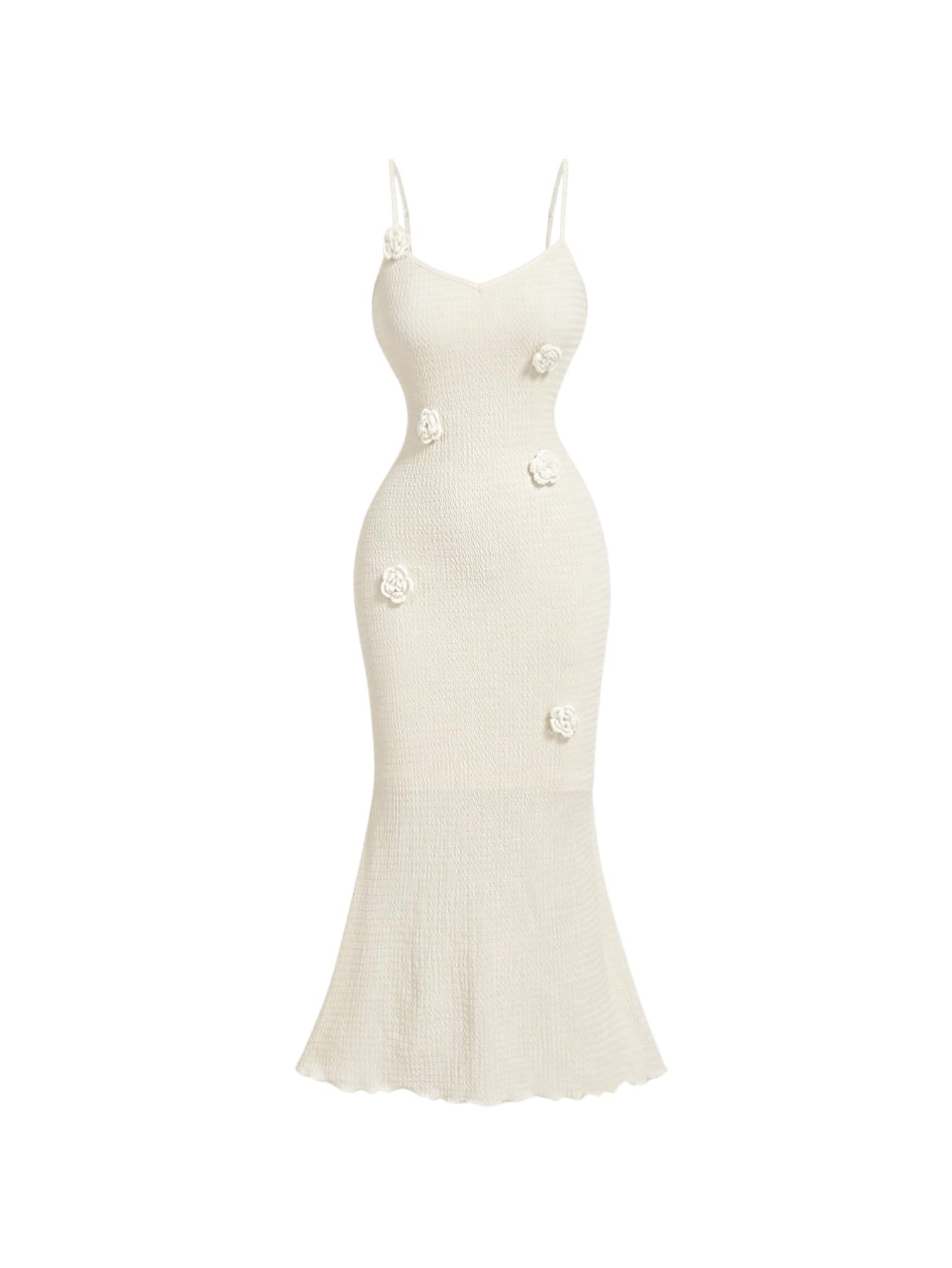 Women's Summer Rose Cami Midi Floral Appliques V Neck Spaghetti Strap Bodycon Dress