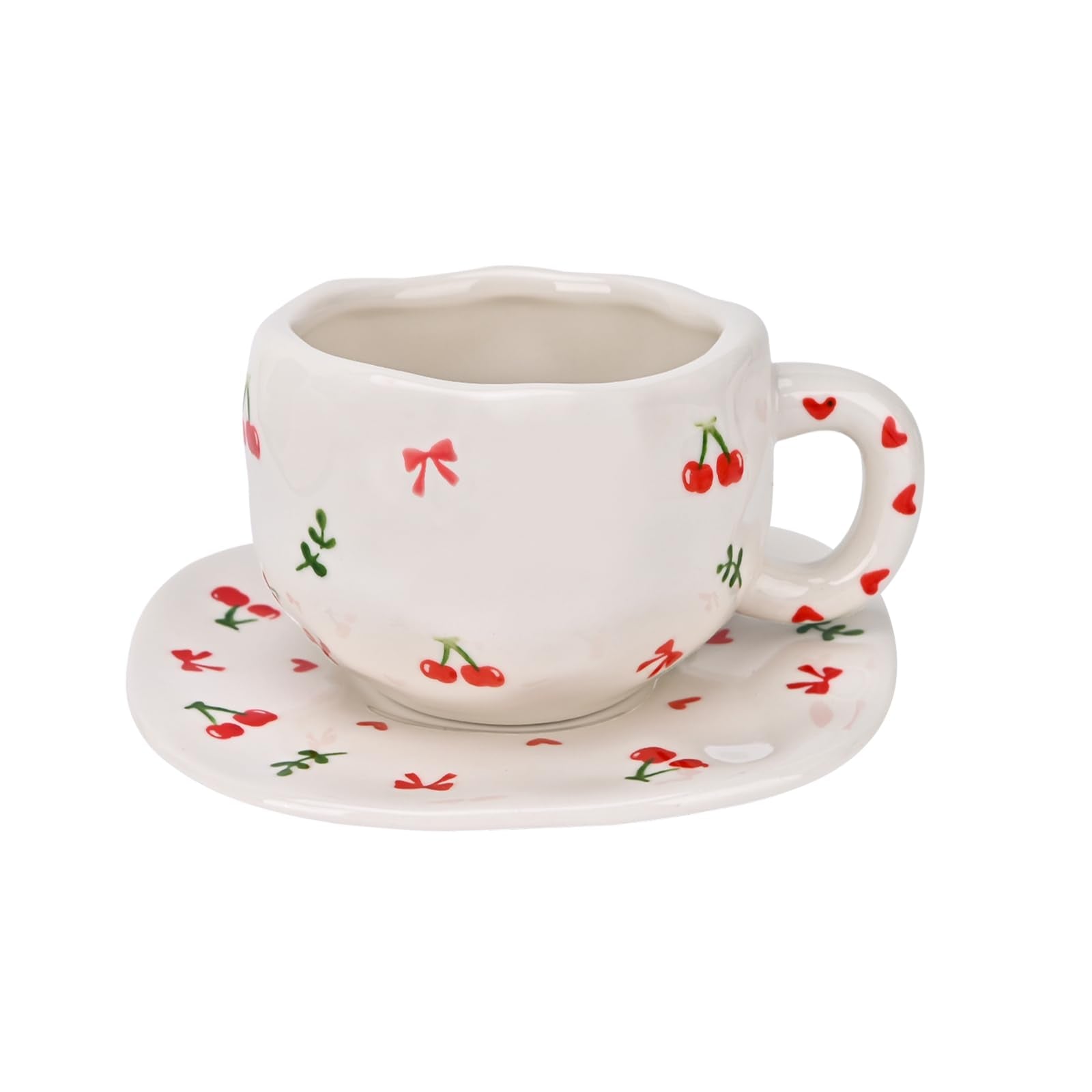 Ceramic Coffee Mug with Saucer Set, Cute Creative Cup Unique Irregular Design, 10 oz/300 ml