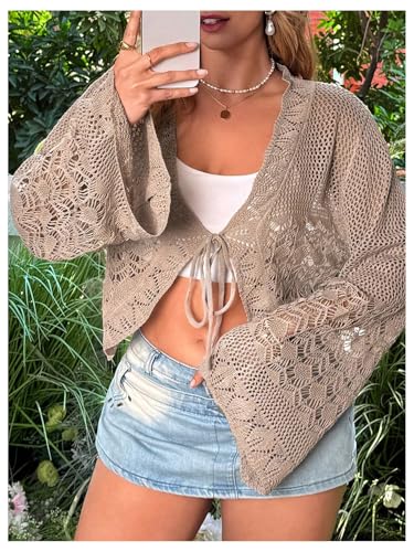 Women's Plus Size V Neck Long Flounce Sleeve Tie Front Knit Crop Cardigan